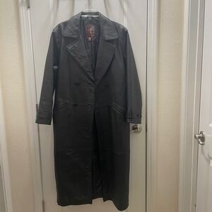 GIII Leather Black Double Breasted Maxi Trench Coat women's size Medium